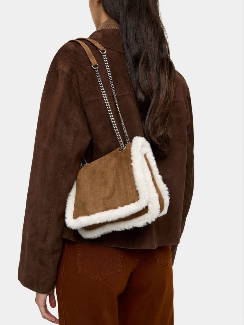 Parfois Tan Suede & Faux Shearling Flap Bag With Chain Shoulder EUC